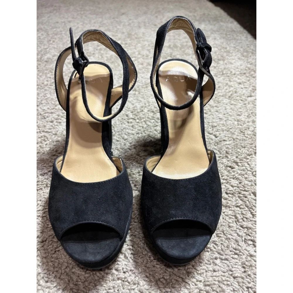 AQUA AQAVA Black Suede Wedge Platform Sandals Peep Toe Ankle Strap Heels 6.5M